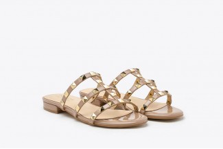 2597-1 Nude Gold-studded Cage Patent Leather Slides