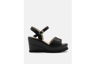 3199-8 Black Nia Leather Ankle Strap Wedge Sandals