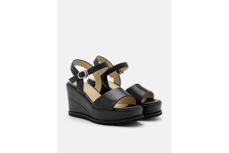 3199-8 Black Nia Leather Ankle Strap Wedge Sandals
